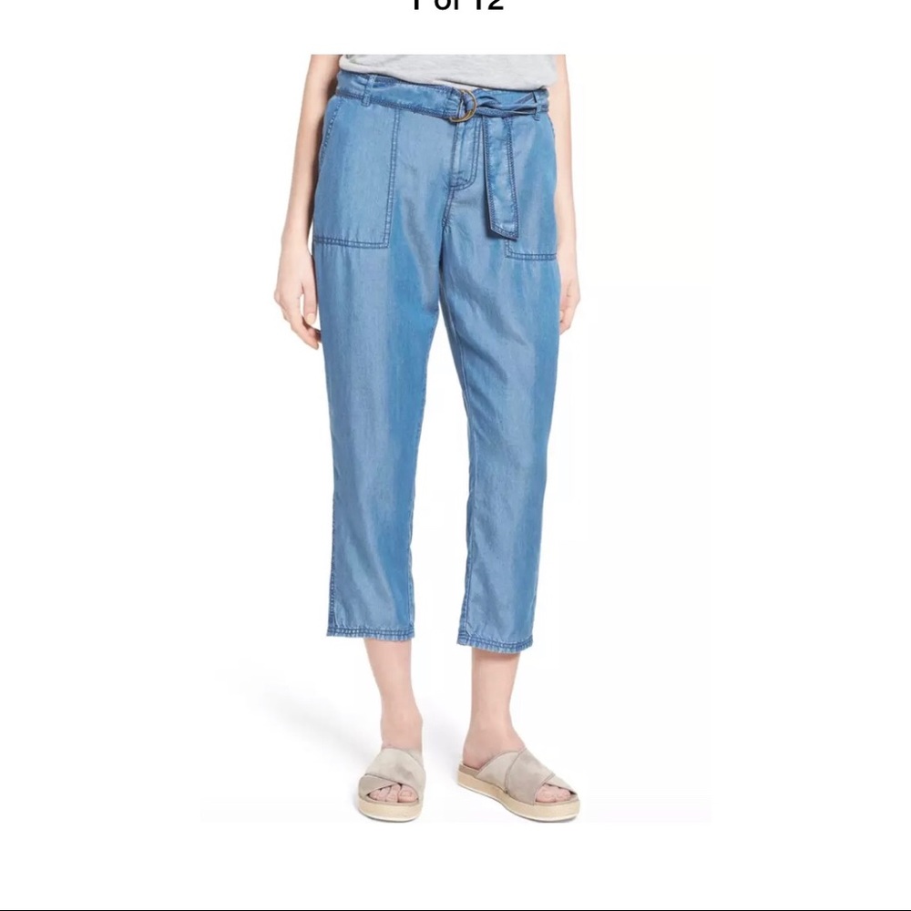 NWT Caslon Belted Chambray Crop Pants Small Blue